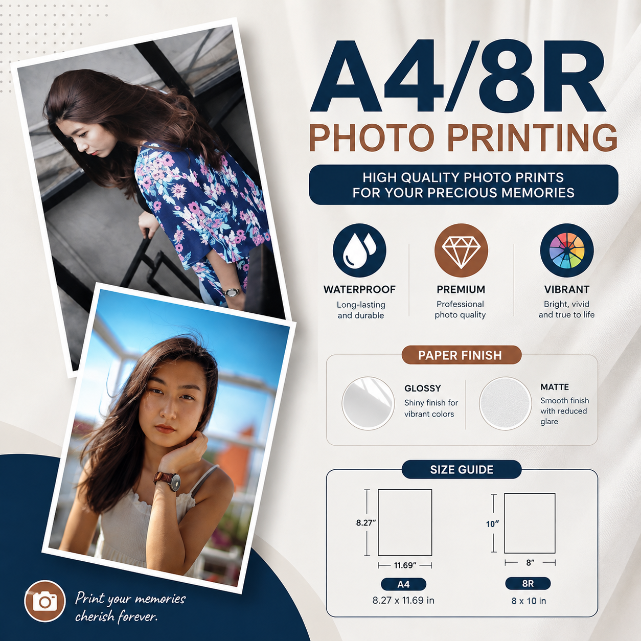 Digital Photo Prints | Premium Glossy or Matte Finish | Water-Resistant & Long-Lasting | A4 & 8R (10pcs)